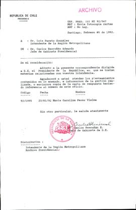 [Carta de Jefe de Gabinete de la Presidencia a Intendente de la Región Metropolitana]