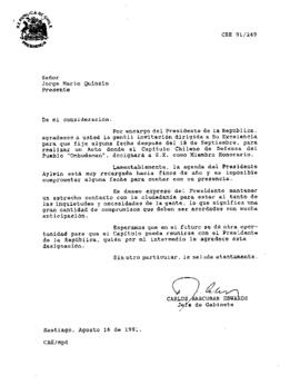 [Respuesta a invitación a la designación como miembro honorario en el Capítulo Chileno de Defensa del  Pueblo "Ombudsmanm]