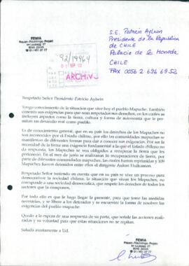 [Carta de opinión dirigida al Presidente Patricio Aylwin, referente a situación pueblo Mapuche]