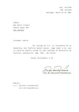 Carta remitida al Ministerio de Justicia, mediante Oí. GAB. PRES. (0) 91/677.