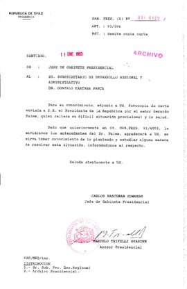 [Oficio  Gab. Pres. Ord. N° 0122 de Jefe de Gabinete Presidencial, remite copia de carta que se indica]