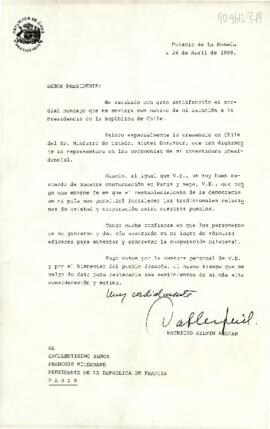 [Carta del Presidente Aylwin al Presidente de Francia, agradeciendo palabras por asunción al mandato].