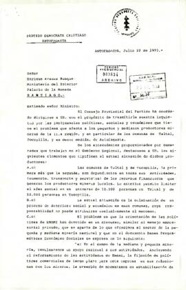 [Carta de PDC Antofagasta en relación a problemas de afectan a la minería]