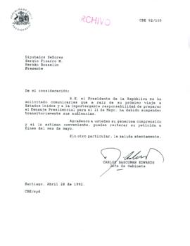 [Carta del Jefe de Gabinete de la Presidencia a diputados Sergio Pizarro y Hernán Bosselin]