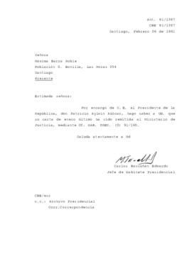 [Carta de respuesta del Jefe de Gabinete Presidencial sobre correspondencia remitida al Ministerio de Justicia]