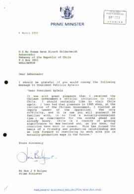 [Carta de Primer Ministro de Nueva Zelanda a Embajador de Chile]
