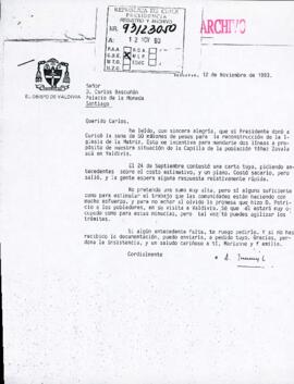 [Carta del Obispo de Valdivia referente a construcción de una capilla para la Comunidad Católica Pablo Neruda y Gabriela Mistral]