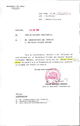 [Carta del Jefe de Gabinete Presidencial dirigida al Subsecretario del Interior referente a solicitud de pensión de gracia]