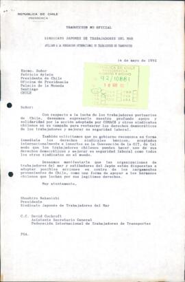 [Carta del Sindicato Japonés de Trabajadores del Mar dirigida al Presidente Patricio Aylwin, en a...
