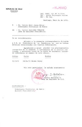[Carta del Jefe de Gabinete de la Presidencia a Gobernador Provincial de Ñuble]