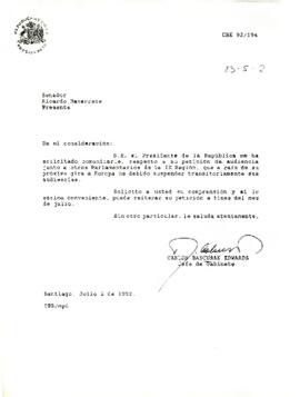[Carta de suspensión de audiencia con el Senador Ricardo Navarrete]