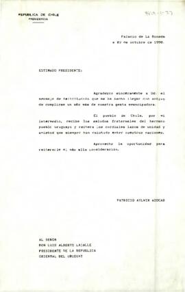 [Carta de S.E El Presidente de la República a Presidente de la República Oriental de Uruguay]