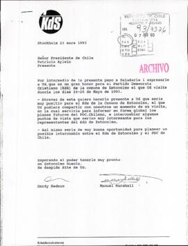 [Carta del Partido Demócrata Cristiano de Suecia para que el Presidente P. Aylwin visite dicho país para mayo de 1993]