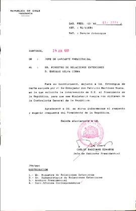 [Adjunta fotocopia de carta enviada por el Ex-Embajador don Patricio Martínez Moena]