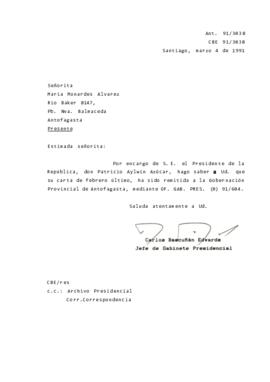 [Carta de respuesta por remisión de correspondencia enviada al Presidente, redirigiéndola  a la Gobernación Provincial de Antofagasta]