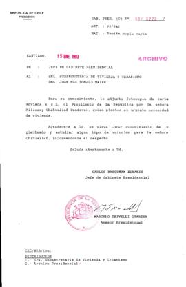 [Oficio  Gab. Pres. Ord. N° 0222 de Jefe de Gabinete Presidencial, remite copia de carta que se indica]