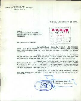 [Carta del Ministro de Vivienda y Urbanismo, Sr. Alberto Etchegaray, dirigida al Presidente Patri...