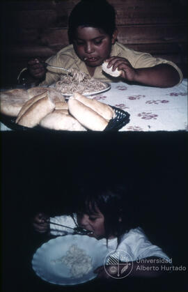 Montaje fotográfico de un niño alimentándose de tallarines y de una niña comiendo avena