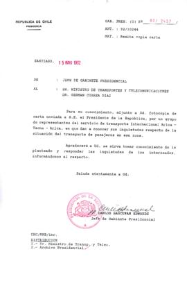[Carta del Jefe de Gabinete de la Presidencia a Ministro de Transportes y Telecomunicaciones]