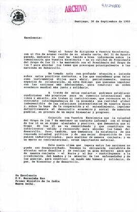 [Carta de respuesta del Presidente Patricio Aylwin dirigida al Primer Ministro de la India referente al Grupo de los 15]