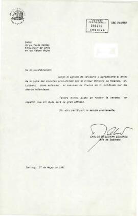 [Agradece al Embajador de Chile en los Países Bajos el envío de la copia del discurso pronunciado por el Primer Ministro de Holanda, Sr. Lubbers]