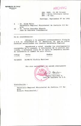 [Carta del Jefe de Gabinete de la Presidencia a SEREMI de Justicia III Región]