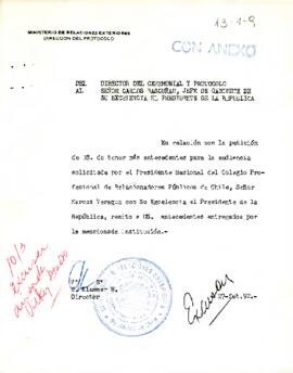 [Carta con antecedentes para audiencia con el Presidente Nacional del Colegio Profesional de Rela...