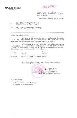 [Carta del Jefe de Gabinete de la Presidencia a Subsecretario del Trabajo]