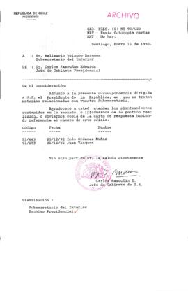 [Oficio  Gab. Pres. Ord. N° 0123 de Jefe de Gabinete Presidencial, remite copia de carta que se indica]