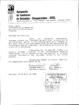 Carta de Asociación de Familiares de Detenidos Desaparecidos solicita entrevista con el Pdte. Pat...