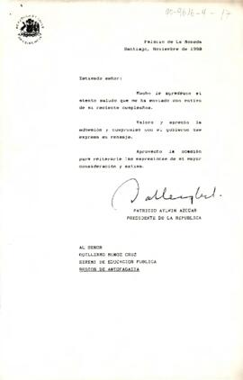 [Carta de Presidente Aylwin dirigida a SEREMI de Educación Pública de Antofagasta]