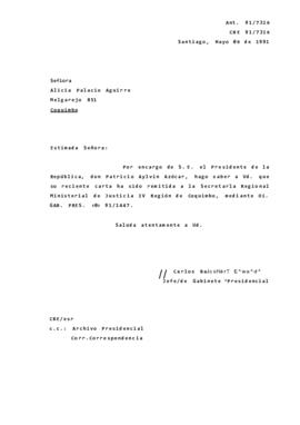 [Informa que carta ha sido remitida a SEREMI de Justicia de la Región de Coquimbo, a través de Of. GAB. PRES. (0) 91/1447]