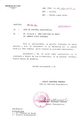 [Oficio del Gabinete Presidencial dirigido al Alcalde de la Municipalidad de Maipú, referente a problema habitacional de particular]