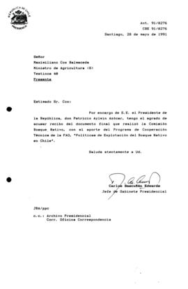 [Carta acusando recibo del documento final "Politices de Explotación del Bosque Nativo en Chile"  realizada por la la Comisión Bosque  Nativo]