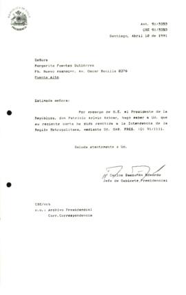 Carta remitida a la Intendencia de la Región Metropolitana, mediante Oí. GAB. PRES. (0) 91/1111.