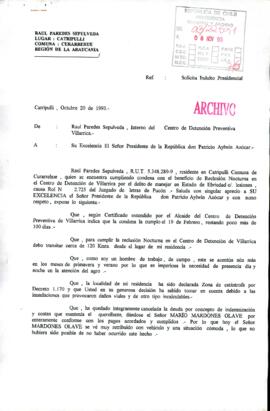 [Carta de interno del Centro de Detención Preventiva de Villarica dirigida al Presidente Patricio Aylwin, mediante la cual solicita el indulto presidencial]