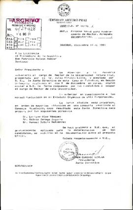 [Carta del Presidente de la Junta Directiva de la Universidad Arturo Prat dirigida al Presidente Patricio Aylwin, referente a Terna para nombramiento de Rector]