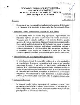 Oficio del Embajador en Venezuela, Don Aniceto Rodríguez, al Ministro de Relaciones Exteriores, D...