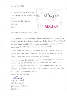 [Carta dirigida al Presidente Patricio Aylwin, referente a pena de muerte en Chile]