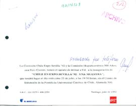 [Invitación a inauguración "Chile en Expo Sevilla 92: una muestra"]
