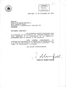 [Carta de Presidente Patricio Aylwin a Secretario General y Subsecretario Nacional PDC]
