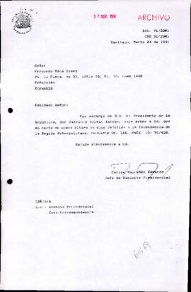 Carta remitida a la Intendencia de la Región Metropolitana, mediante Of. GAB. PRES. (0) 91/420.
