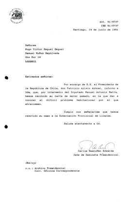 [Informa que carta fue remitida a la Gobernación Provincial de Linares]