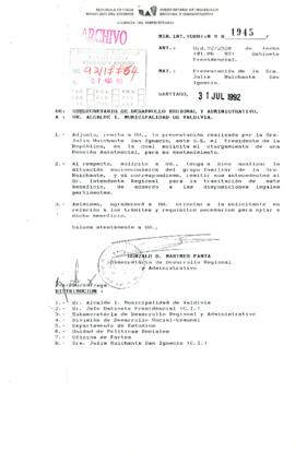 [Minuta Interna de la Oficina de Desarrollo Regional y Administrativo dirigida al Alcalde de Valdivia referente a solicitud ciudadana de pensión asistencial]