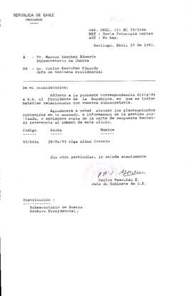 [Oficio  Gab. Pres. Ord. N° 2168 de Jefe de Gabinete Presidencial, remite copia de carta que se indica]