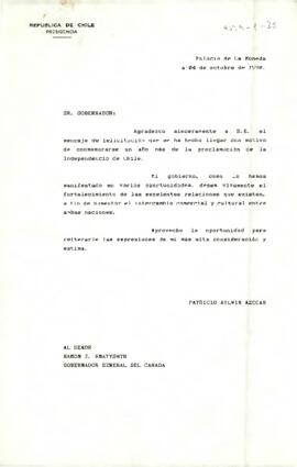 [Carta de S.E El Presidente de la República a Gobernador General de Canadá]