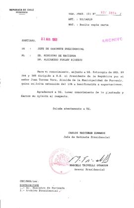 [Oficio Gab. Pres. Ord. N° 3854 de  Jefe de Gabinete Presidencial, remite copia de carta que se indica]