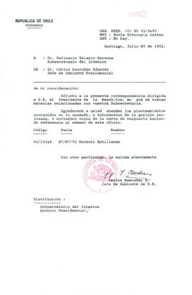 [Carta del Jefe de Gabinete de la Presidencia a Subsecretario del Interior]