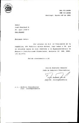 [Carta de respuesta dirigida al Sr. José Charleuf remitiendo su carta a Superintendencia de Bancos]