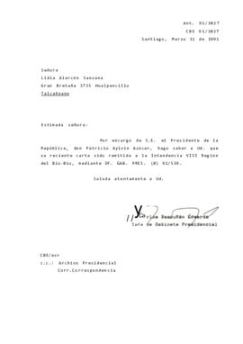 [Carta de respuesta por remisión de correspondencia enviada al Presidente, redirigiéndola  a la Intendencia VIII Región del Bio-Bio]
